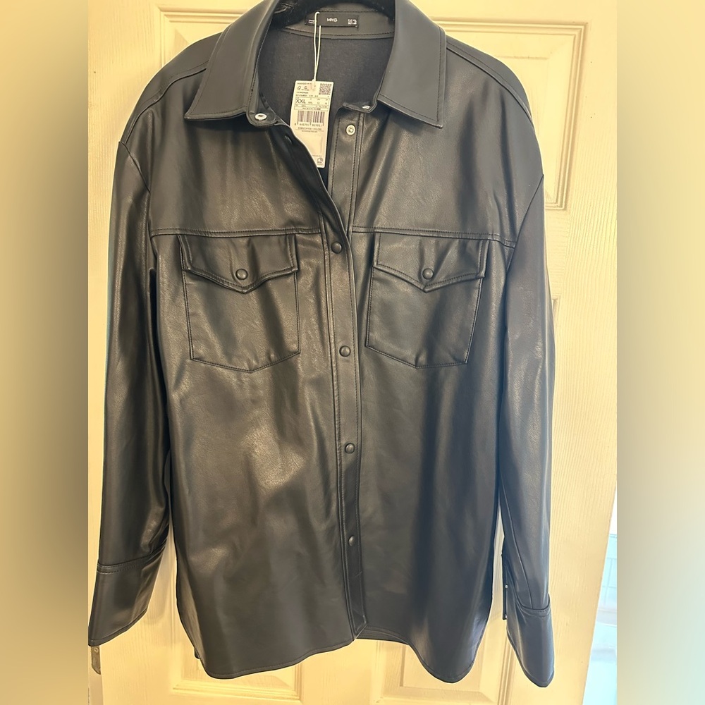 Mango Black Faux Leather Shirt Jacket